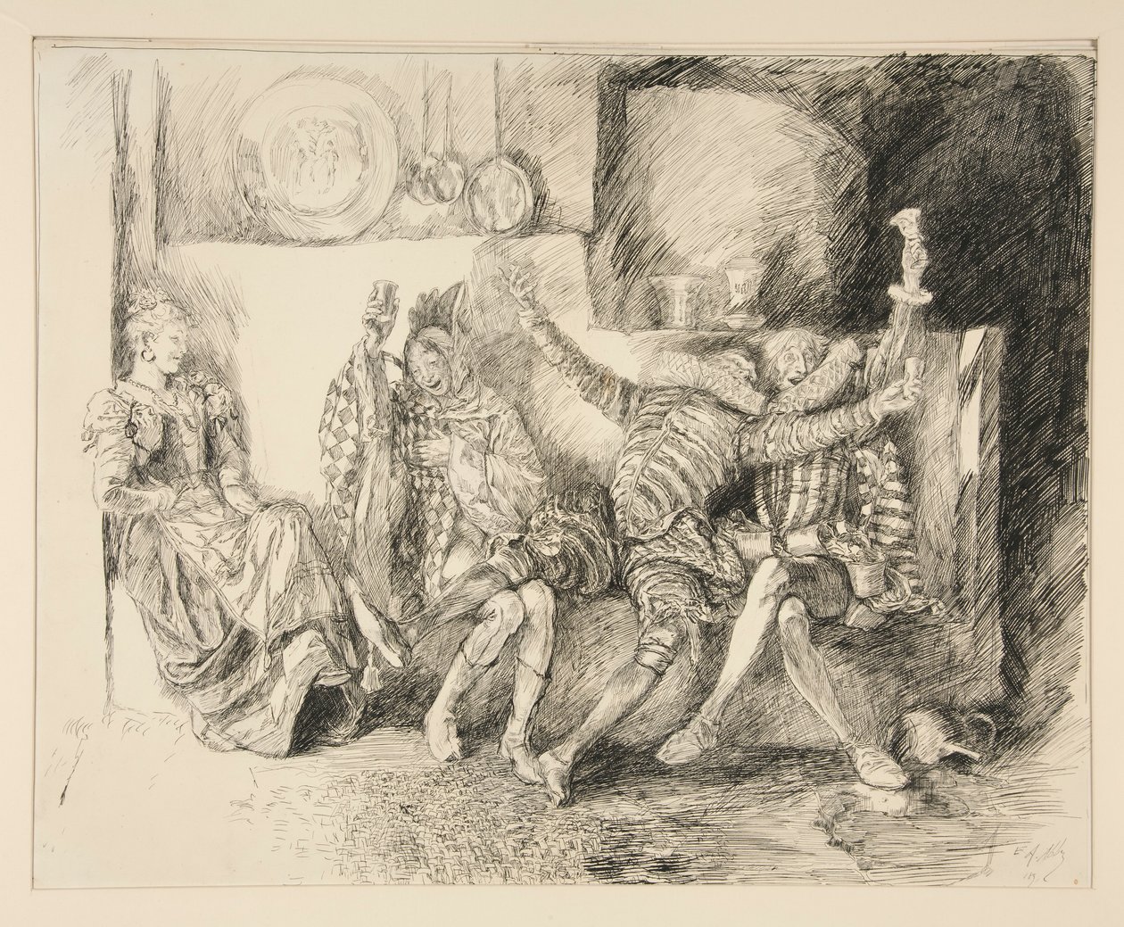 Sir Toby és társai, illusztráció a II. felvonáshoz, iii. jelenet, Tizenkettedik éjszaka alkotó: Edwin Austin Abbey