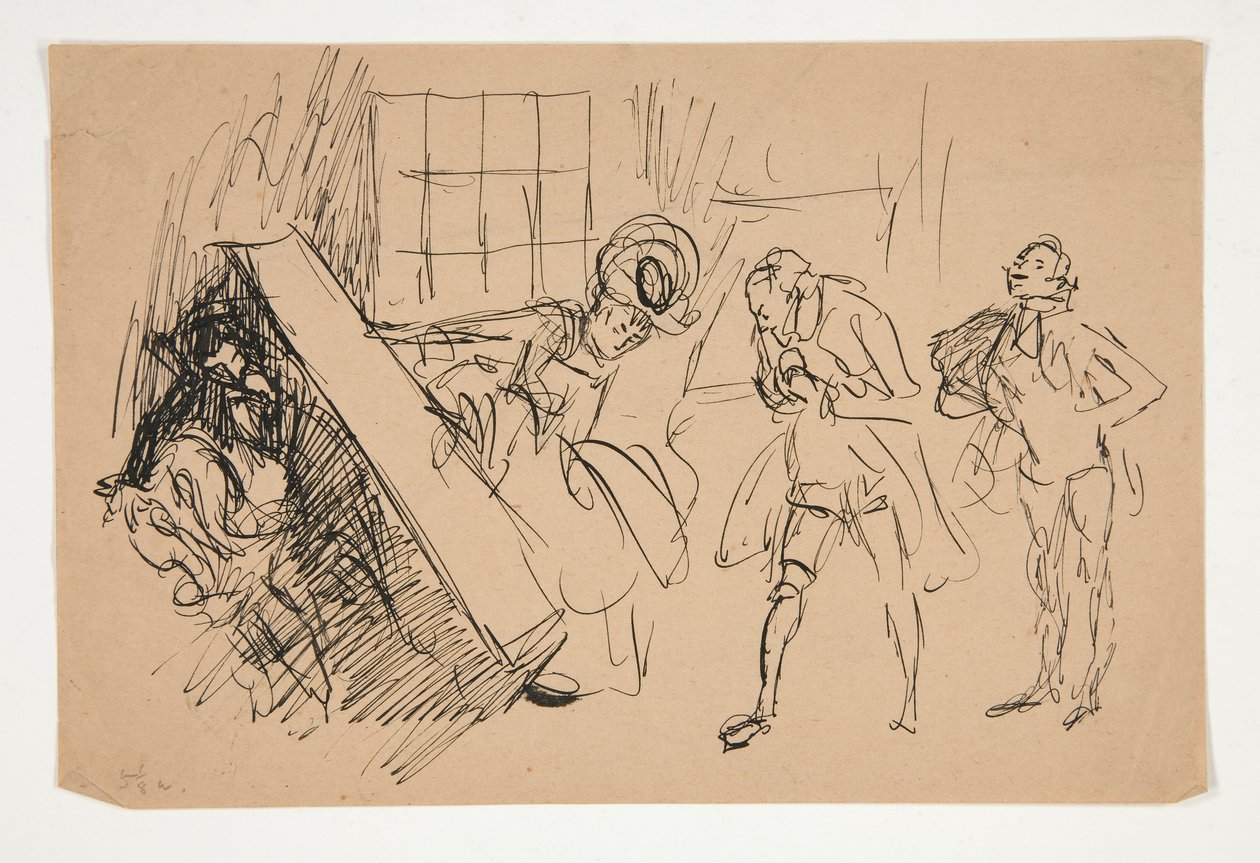 Vázlat a Botrány iskolájához, illusztráció Scribner számára alkotó: Edwin Austin Abbey