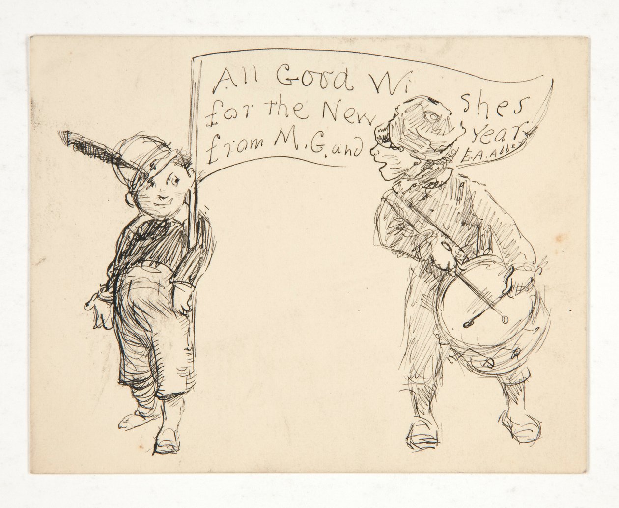 Vázlat egy üdvözlőlaphoz: Minden jót kíván az újévre M.G. és E.A. Apátság alkotó: Edwin Austin Abbey