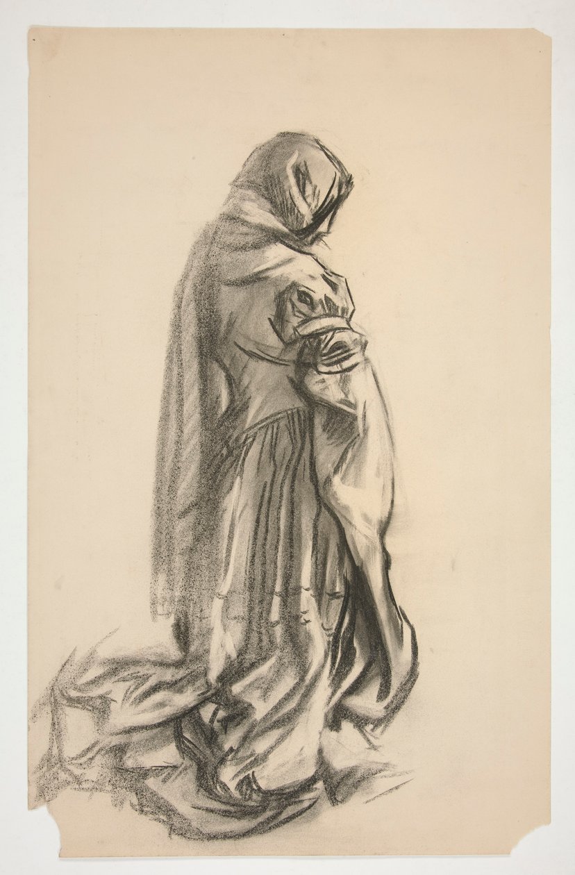 Vázlat egy térdelő női alakról rózsaszín ruhában Galahad, a Szabadító számára, a Boston Public Library egyik Szent Grál falfestménye számára alkotó: Edwin Austin Abbey