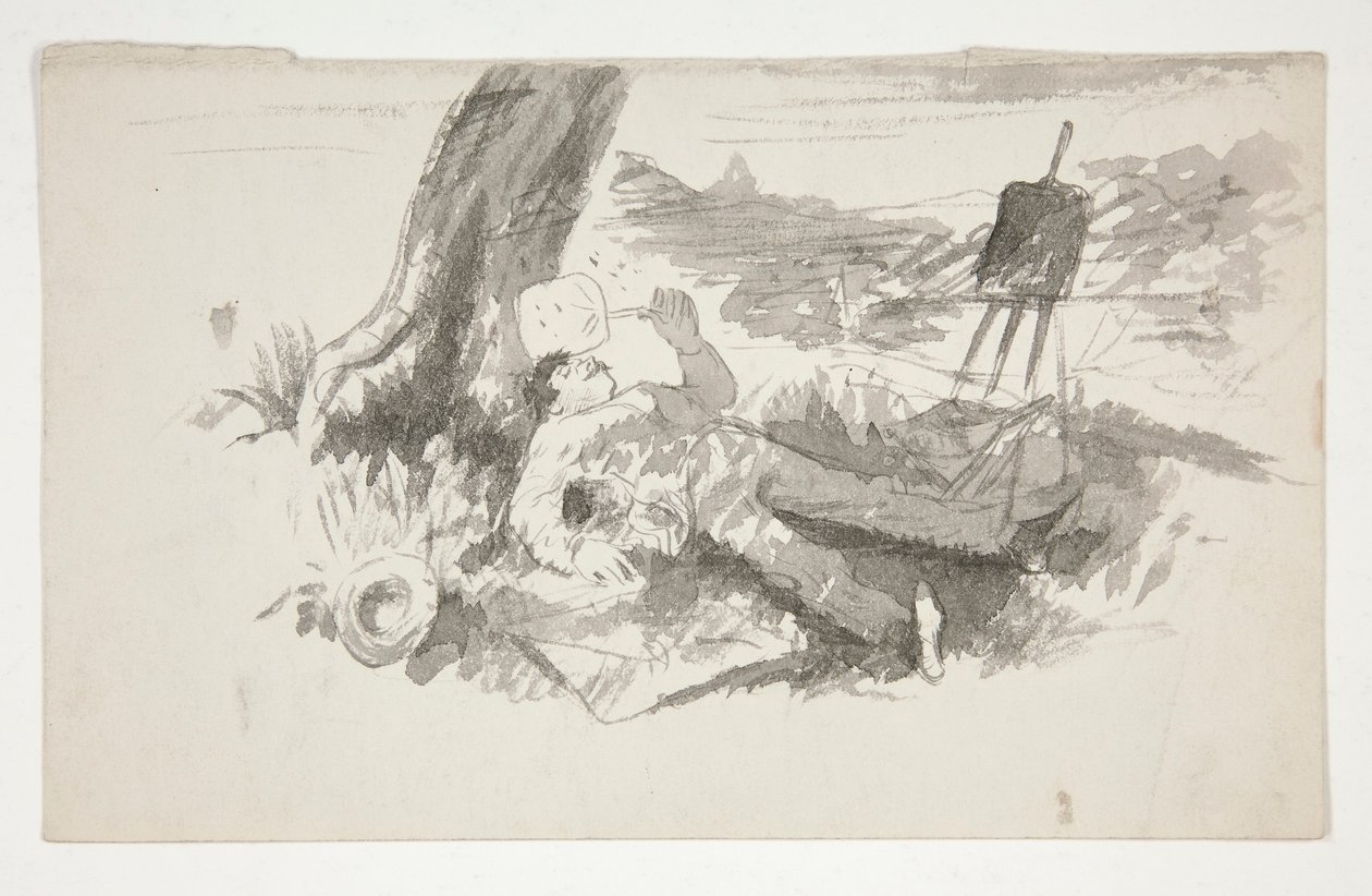 Vázlat egy fa alatt szunyókáló plein-air festőről - azonosítatlan illusztráció alkotó: Edwin Austin Abbey