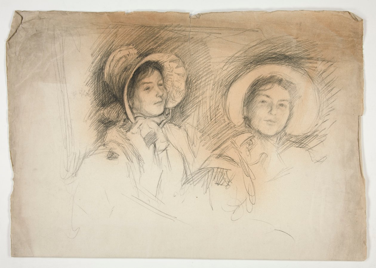 Vázlat két fiatal nőről motorháztetőben (azonosítatlan ülők) alkotó: Edwin Austin Abbey