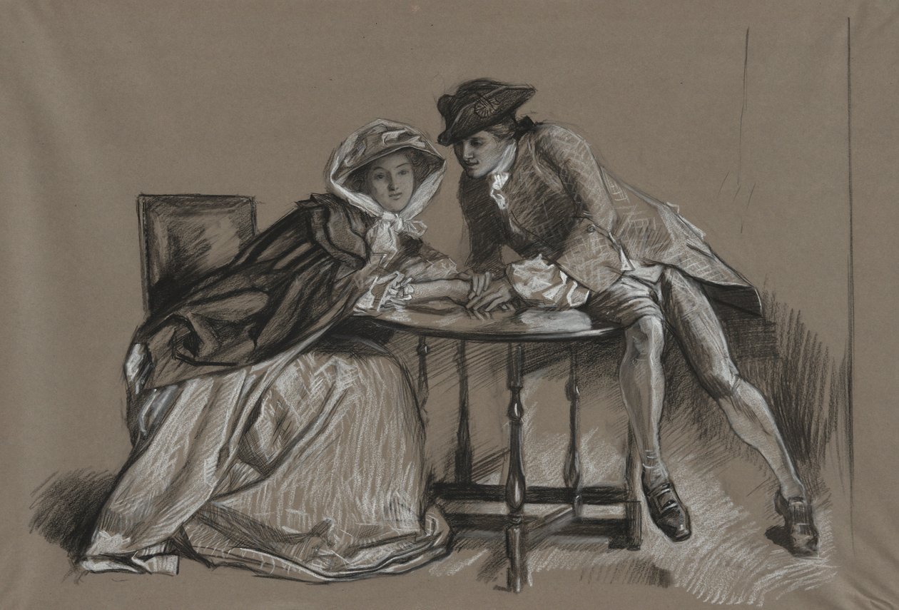 Tanulmány. Hölgy és úriember beszélget az asztal túloldalán alkotó: Edwin Austin Abbey