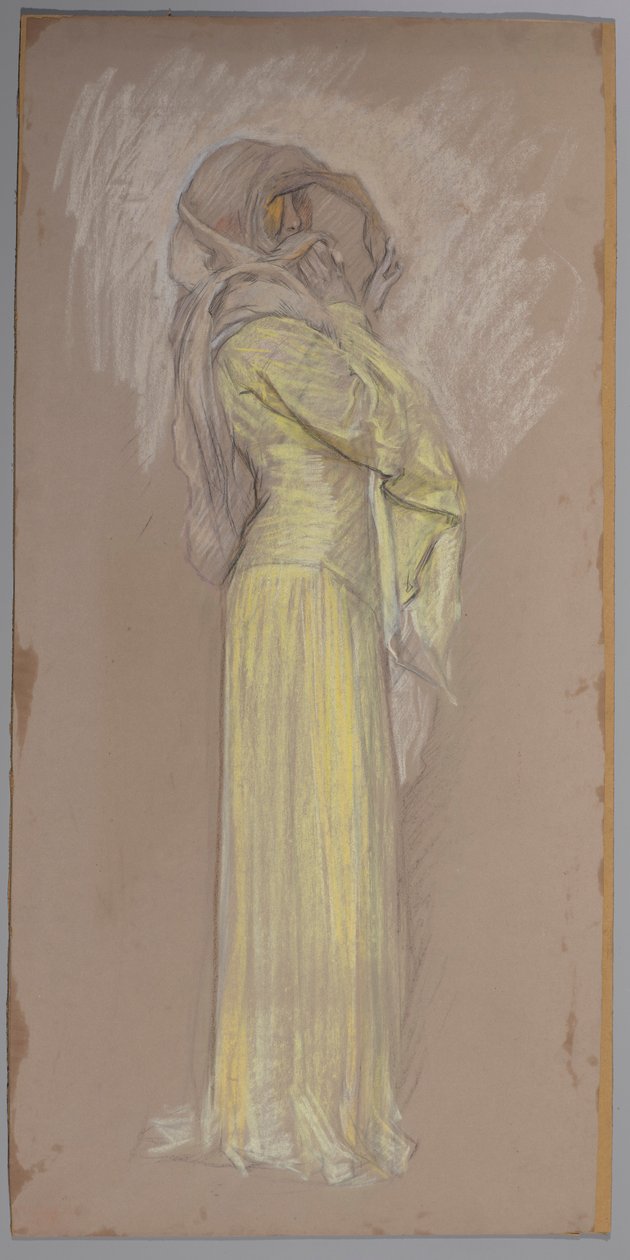 Tanulmány, Nő sárga ruhában, barna fátyollal az arcán alkotó: Edwin Austin Abbey