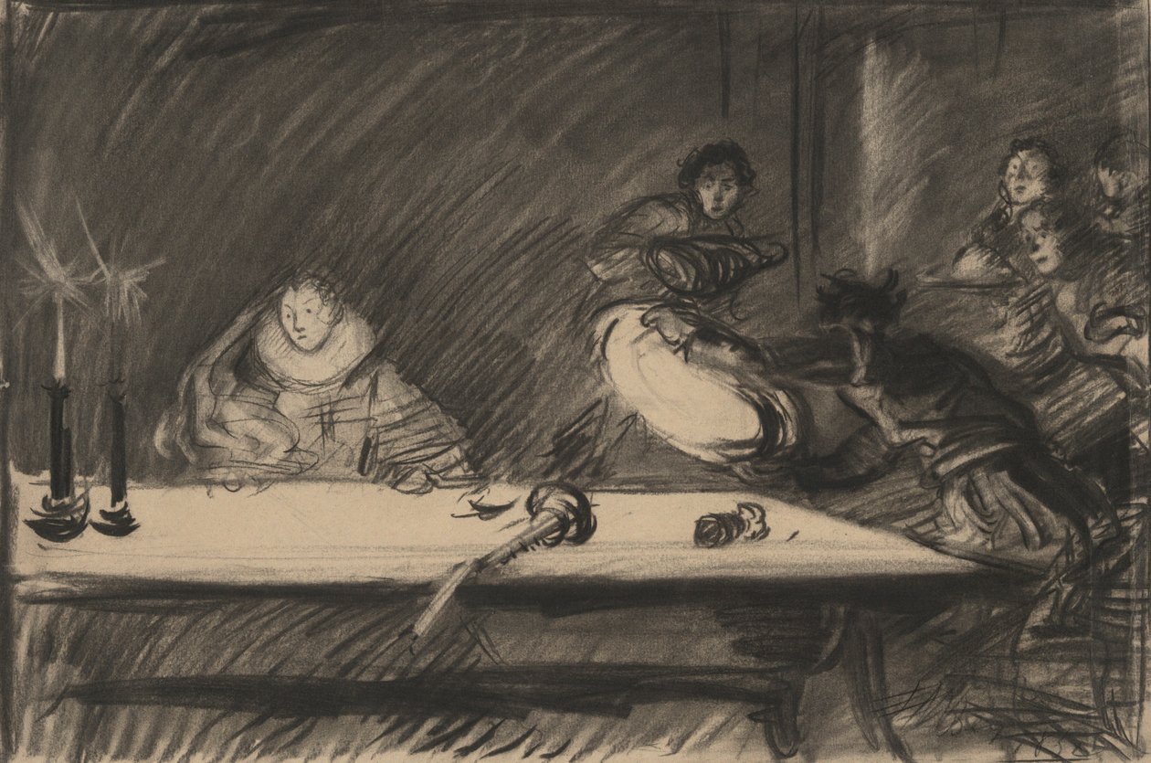 Tanulmány Petruchio megdönti az árokásót – IV. felvonás, I. jelenet, A cickány megszelídítése alkotó: Edwin Austin Abbey