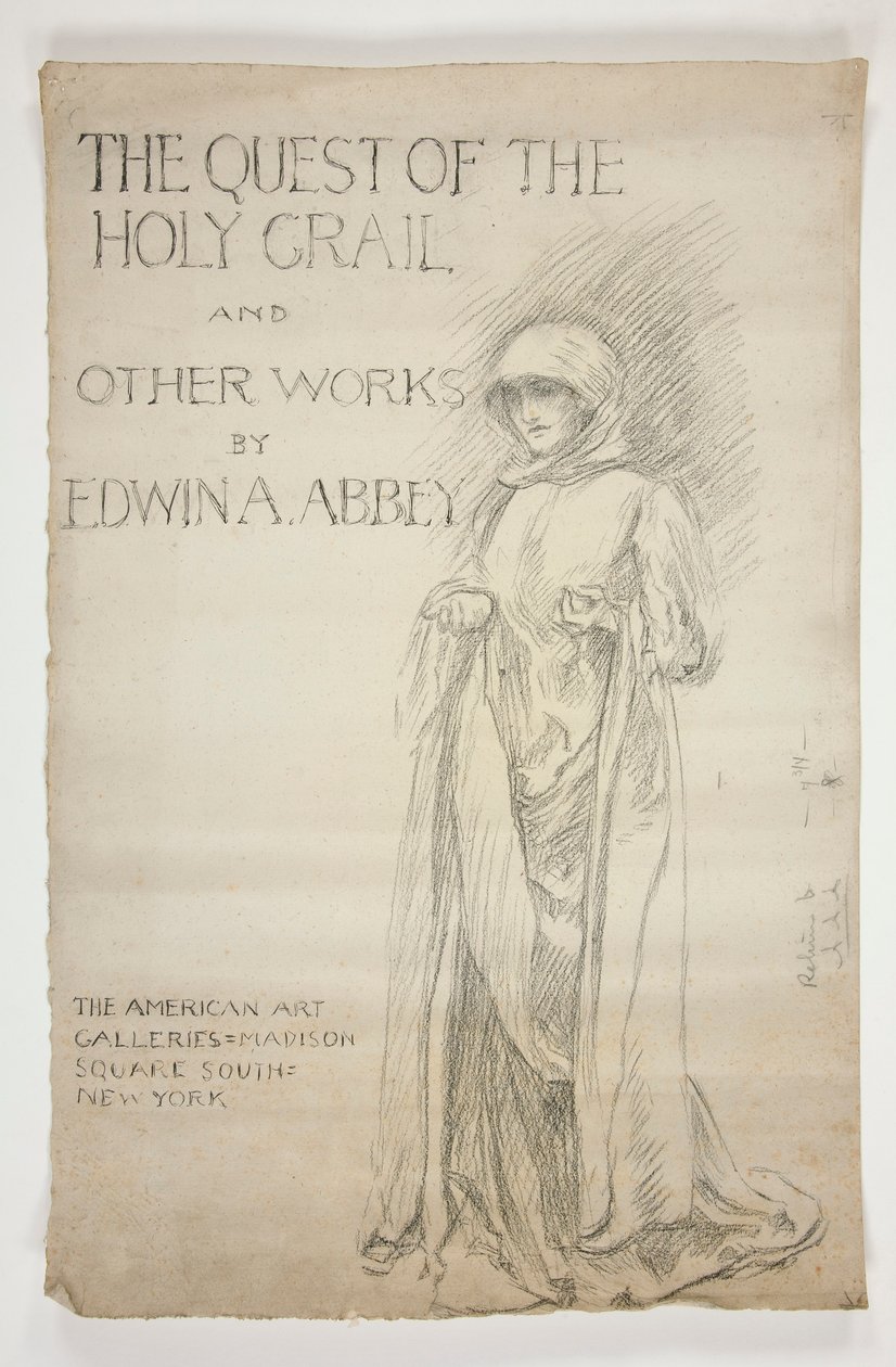 Tanulmány a The Quest of the Holy Grail festmények: The Quest of the Holy Grail és Edwin A. Abbey egyéb munkáinak nyitóbejelentéséhez(?). Rajz az Abbey katalógus első borítójához. alkotó: Edwin Austin Abbey