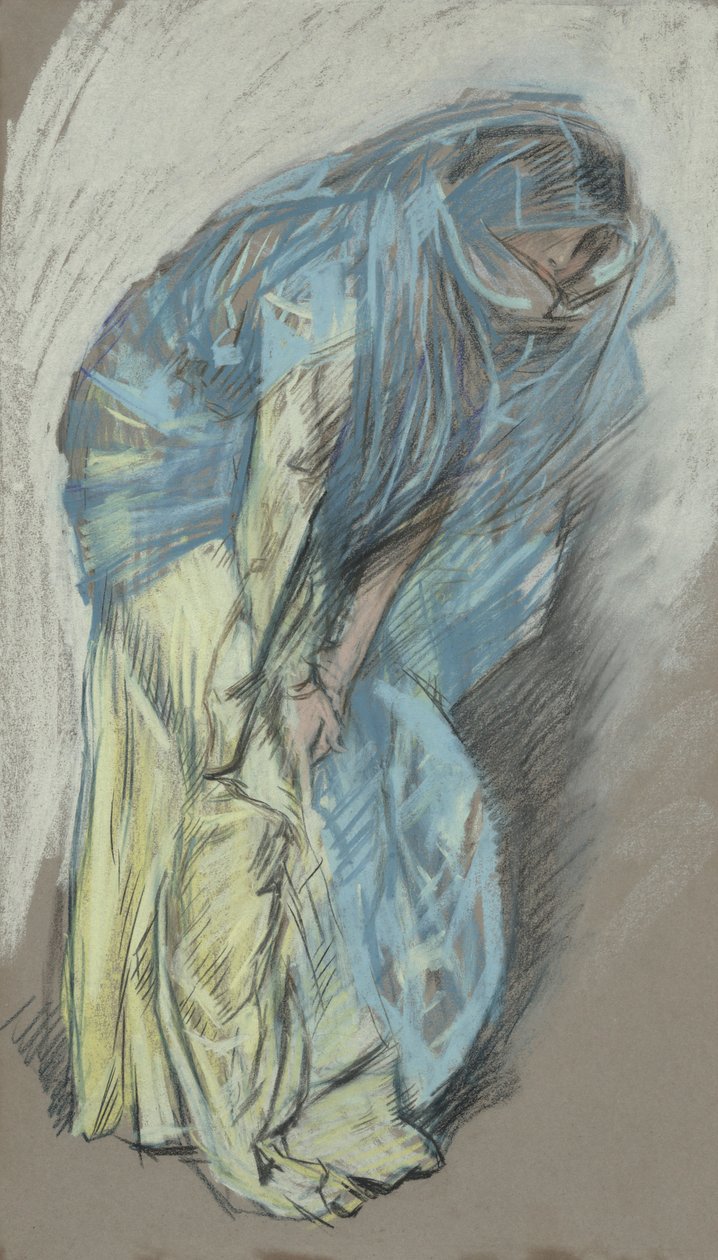 Tanulmány sárga ruhás, kék fátyollas nő számára alkotó: Edwin Austin Abbey