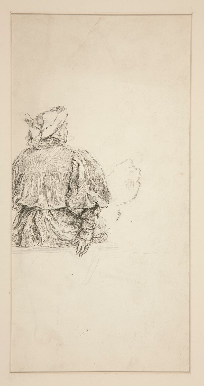 Tanulmány egy XV. századi jelmezben ülő férfi hátáról egy Shakespeare-jelenethez. alkotó: Edwin Austin Abbey