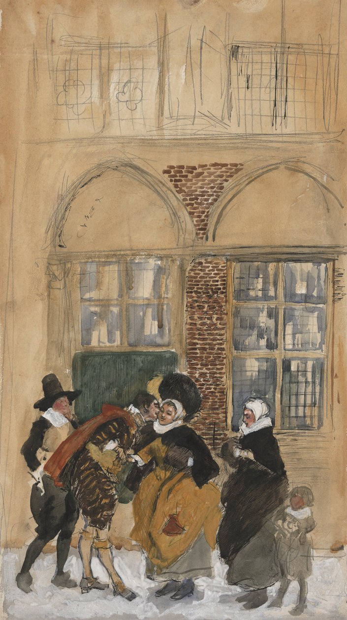 Figurajelenet tanulmányozása a tizenhetedik századi holland viseletben, esetleg New Amszterdamban alkotó: Edwin Austin Abbey