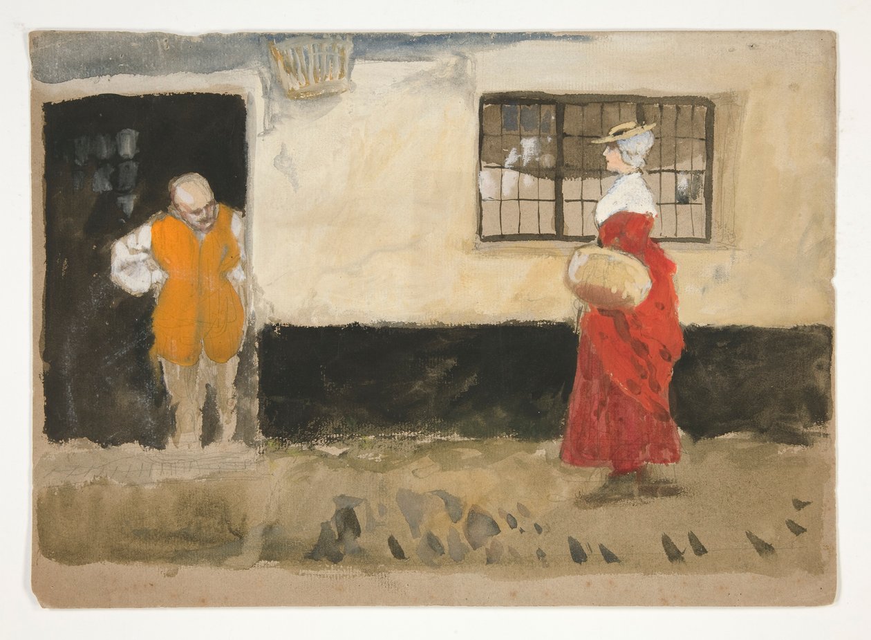 Utcai jelenet, férfi az ajtóban, nő piros ruhás tanulmányozása. alkotó: Edwin Austin Abbey