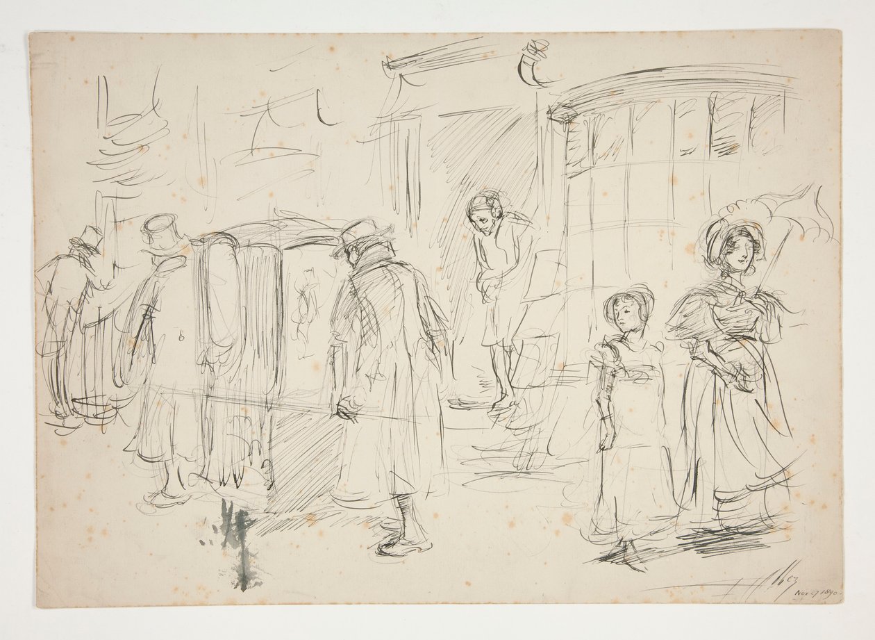 Utcai jelenet tanulmányozása szedán székkel. alkotó: Edwin Austin Abbey