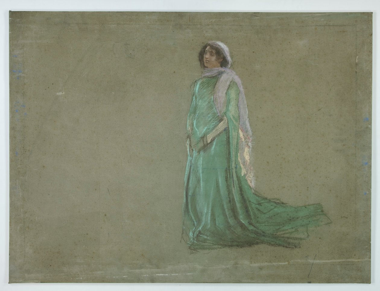 Tanulmány, nő hosszú zöld ruhában, rózsaszín sállal alkotó: Edwin Austin Abbey