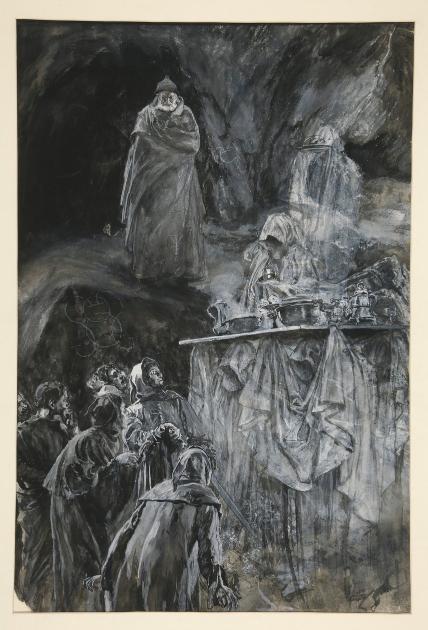 A bankett, illusztráció a III. felvonáshoz, III. jelenet, A vihar alkotó: Edwin Austin Abbey