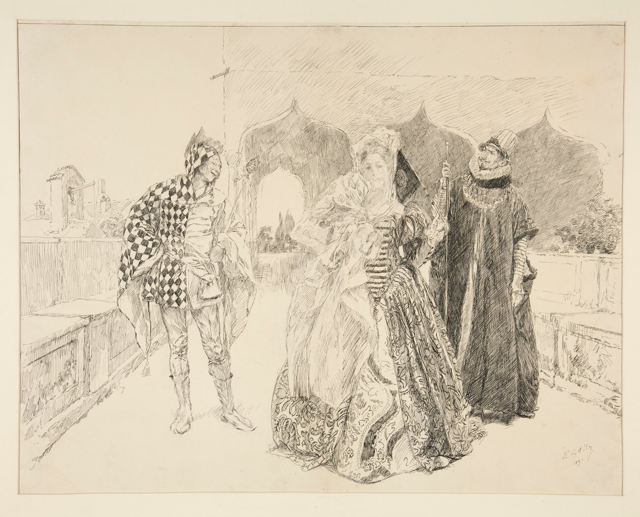 A bohóc és Malvolio, illusztráció az I. felvonáshoz, v. jelenet, Tizenkettedik éjszaka alkotó: Edwin Austin Abbey