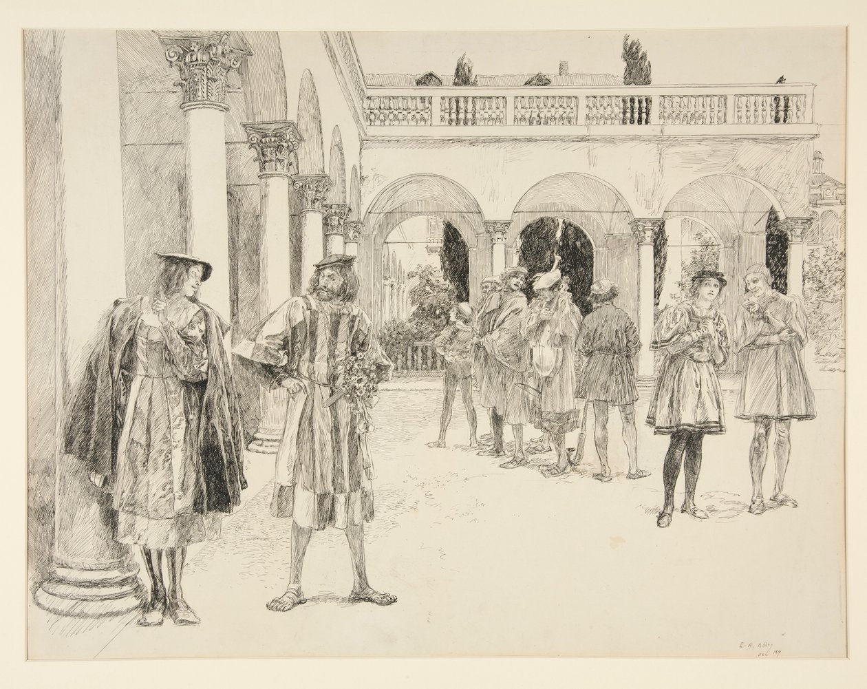 A palota udvara, a IV. felvonás ii. jelenetéből, Két veronai úriember alkotó: Edwin Austin Abbey