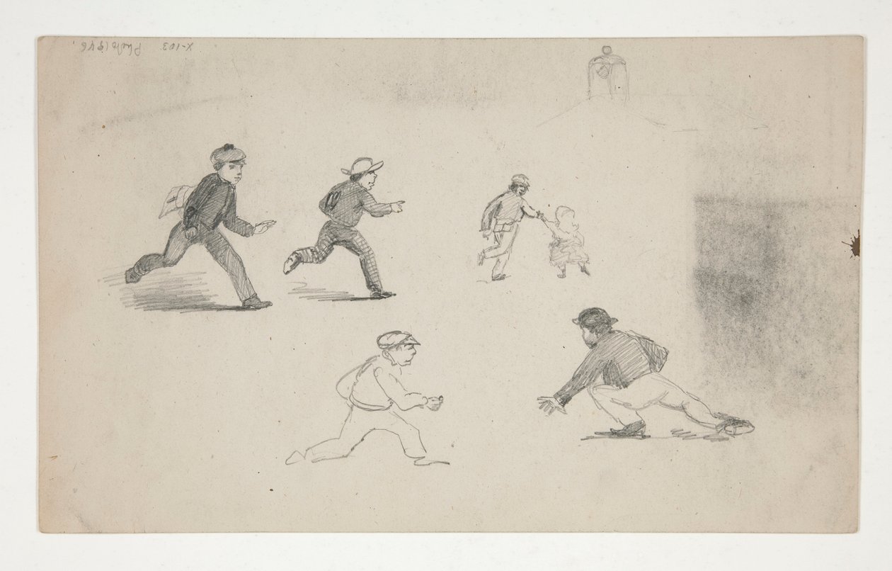 Három tanulmány (férfiak lovakkal, fej tanulmányozása) (recto); Hat tanulmány a futó figurákról, egy harangtorony tanulmányozása (fordítva) alkotó: Edwin Austin Abbey