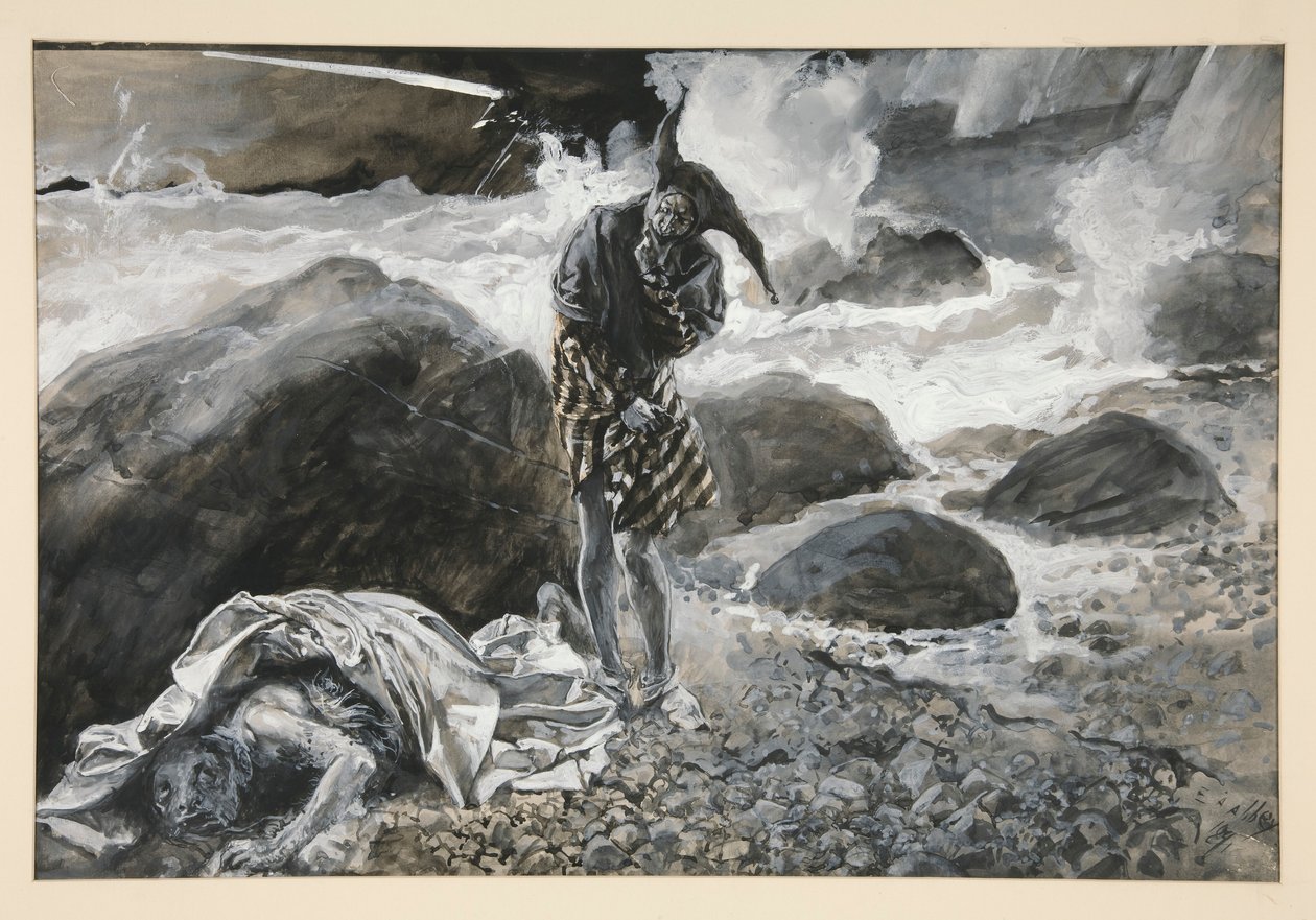 Trinculo és Caliban, illusztráció a II. felvonáshoz, ii. jelenet, A vihar alkotó: Edwin Austin Abbey