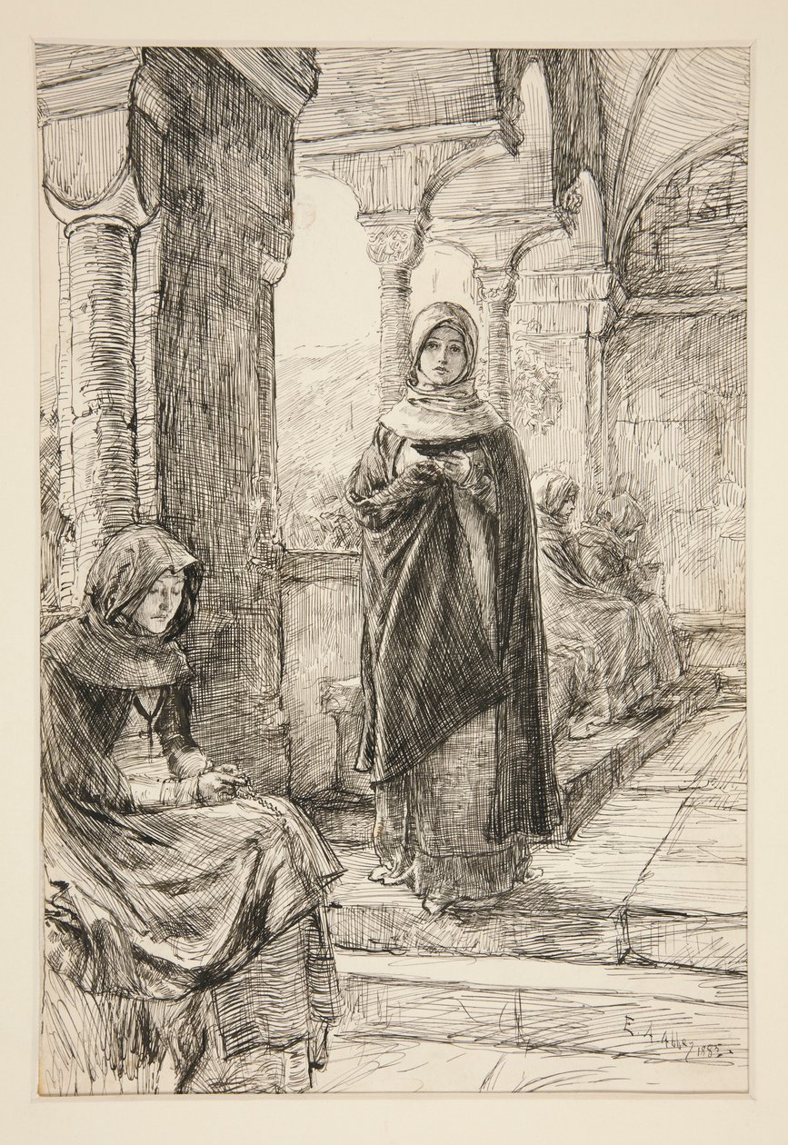 Két női alak a kolostorban, a kolostorból alkotó: Edwin Austin Abbey