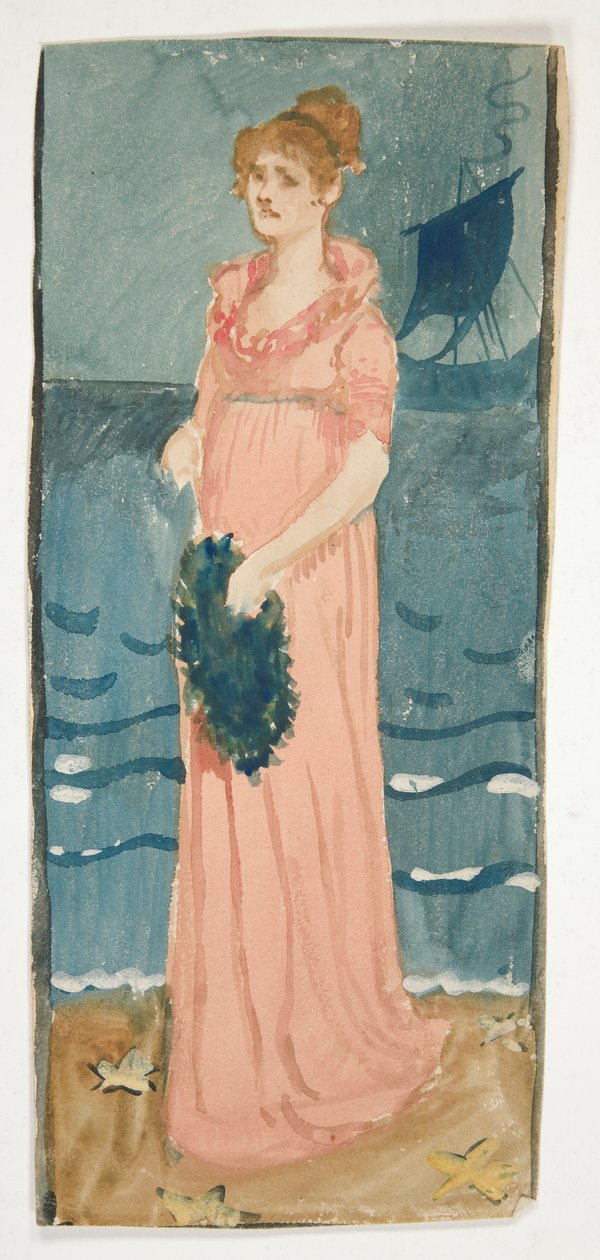 Azonosítatlan illusztrációja nő a tengerparton, a hajó a távolban alkotó: Edwin Austin Abbey