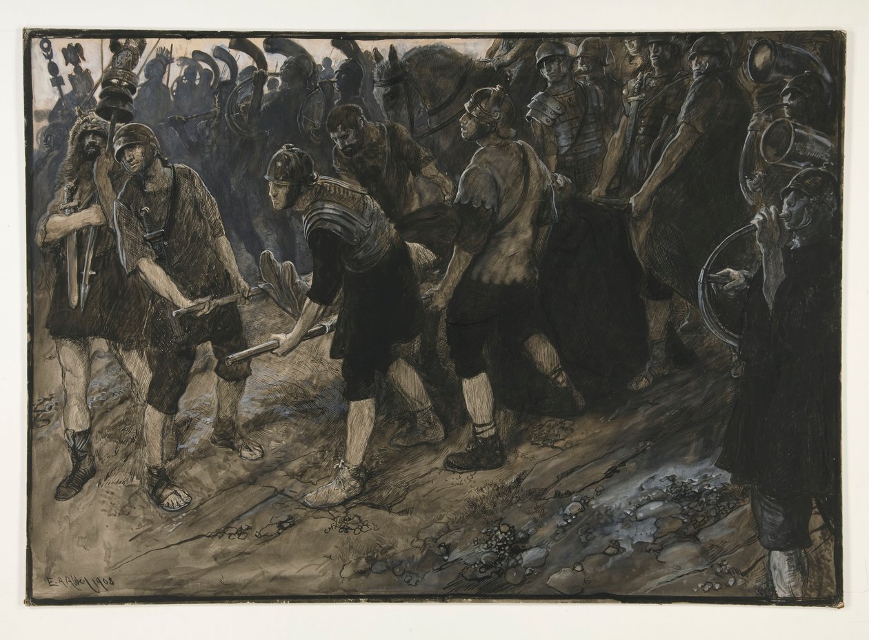 Ventidius diadalmasan belép, Pacorus holttestét hordják előtte, III. felvonás, i. jelenet, Antonius és Kleopátra alkotó: Edwin Austin Abbey