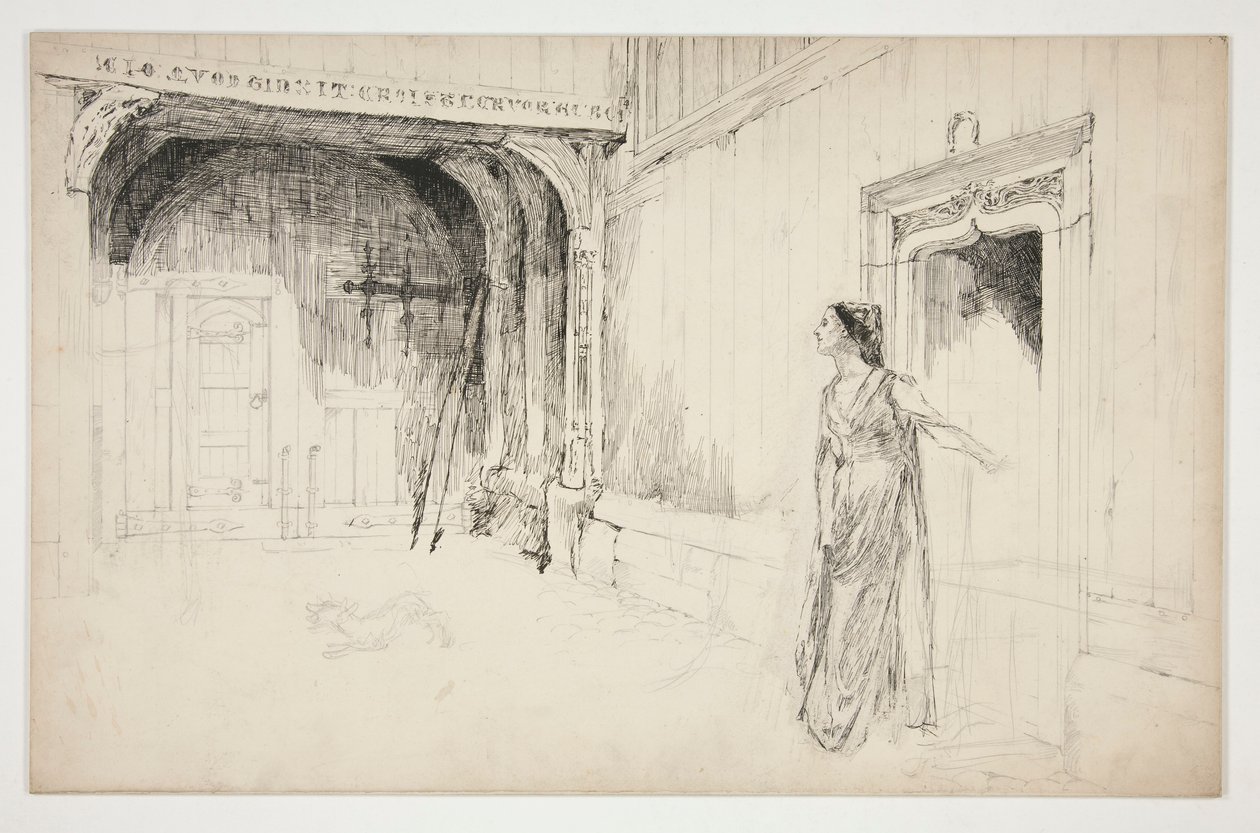 Nő és kutya egy belső térben - (azonosítatlan illusztráció egy színdarabhoz?) alkotó: Edwin Austin Abbey
