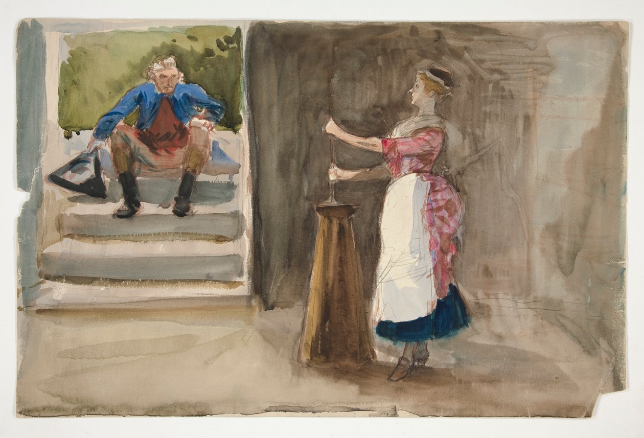 Nő vajat kavar, férfi forradalmi ruhában néz - (azonosítatlan illusztráció) alkotó: Edwin Austin Abbey