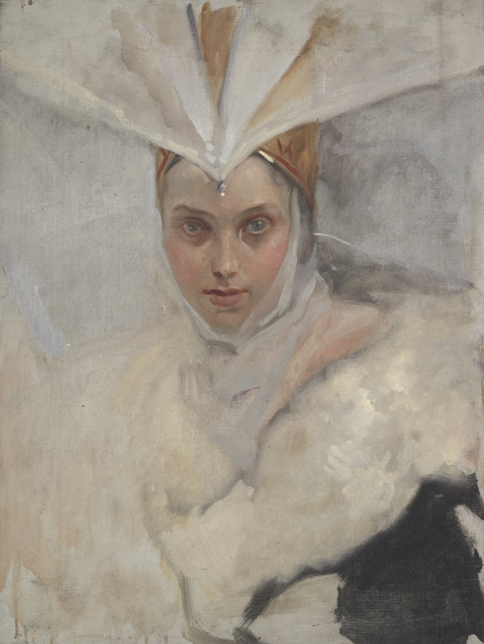 Nő halászsas fejdísszel és fehér szőrgallérral, 1897 alkotó: Edwin Austin Abbey