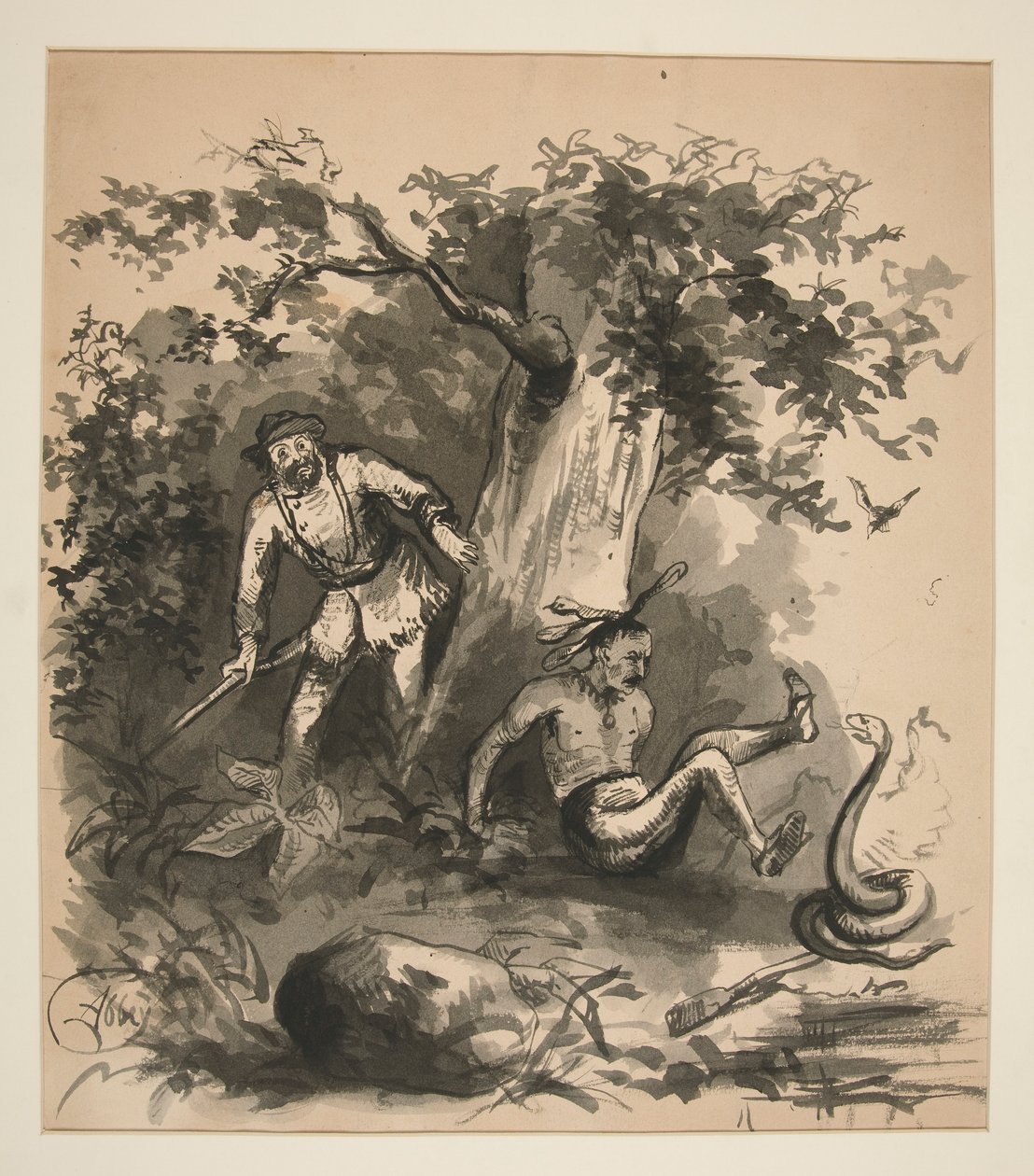 Erdei jelenet egy vadászról, egy indiánról és egy kígyóról – azonosítatlan illusztráció alkotó: Edwin Austin Abbey