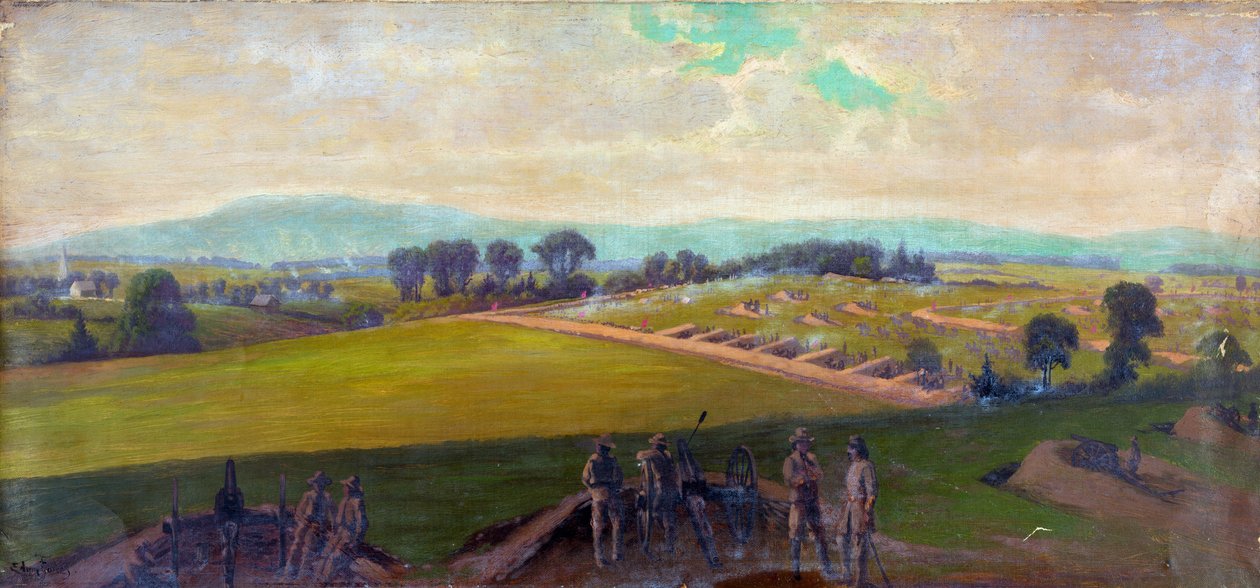 Amerikai polgárháború 1861-1865: Gettysburgi csata 1863. július 1-3. A háború legsúlyosabb amerikai veszteségei. „A virginiai hadsereg utolsó állása, Lee tábornok parancsnoka”. Olaj. Edwin Forbes (1839-1895) amerikai művész. Katonai Tüzérség alkotó: Edwin Austin Forbes