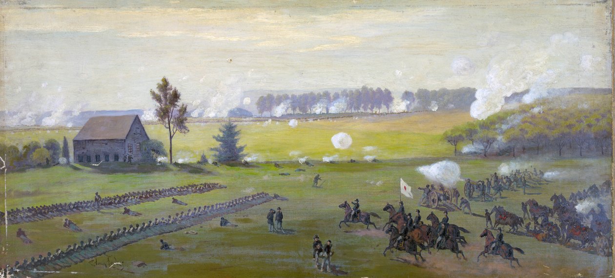 Amerikai polgárháború 1861–1865: Gettysburgi csata 1863. július 1–3., amely véget vetett Lee északi inváziójának. A legsúlyosabb amerikai veszteségek, mint bármelyik másik háborúban. Olaj alkotó: Edwin Austin Forbes