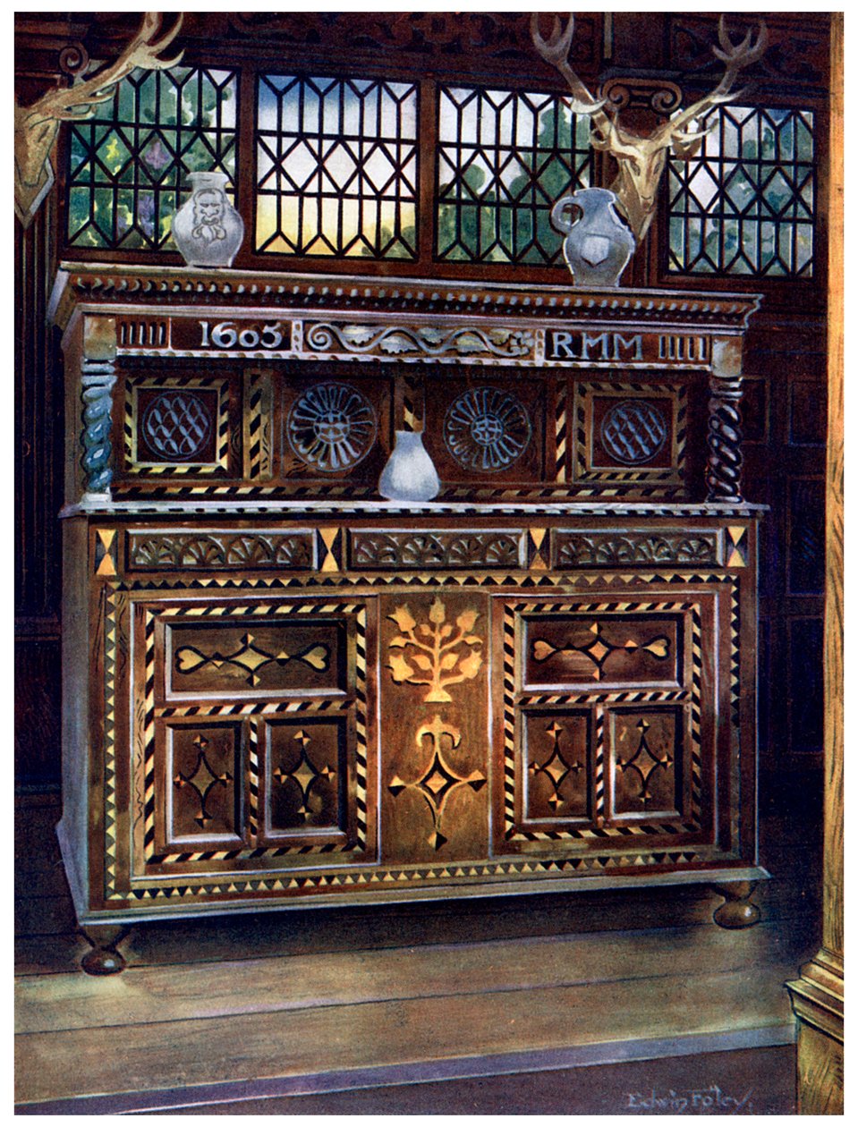 Faragott és intarziás tölgy udvari szekrény, 1910. alkotó: Edwin Foley