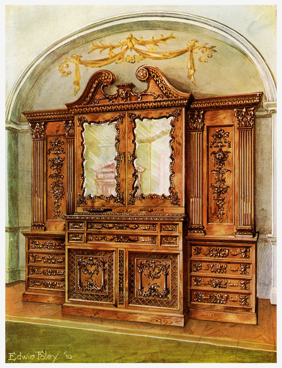 Faragott, zárt mahagóni könyvespolc, Chippendale stílus, francia hatás, 1911-1912. alkotó: Edwin Foley