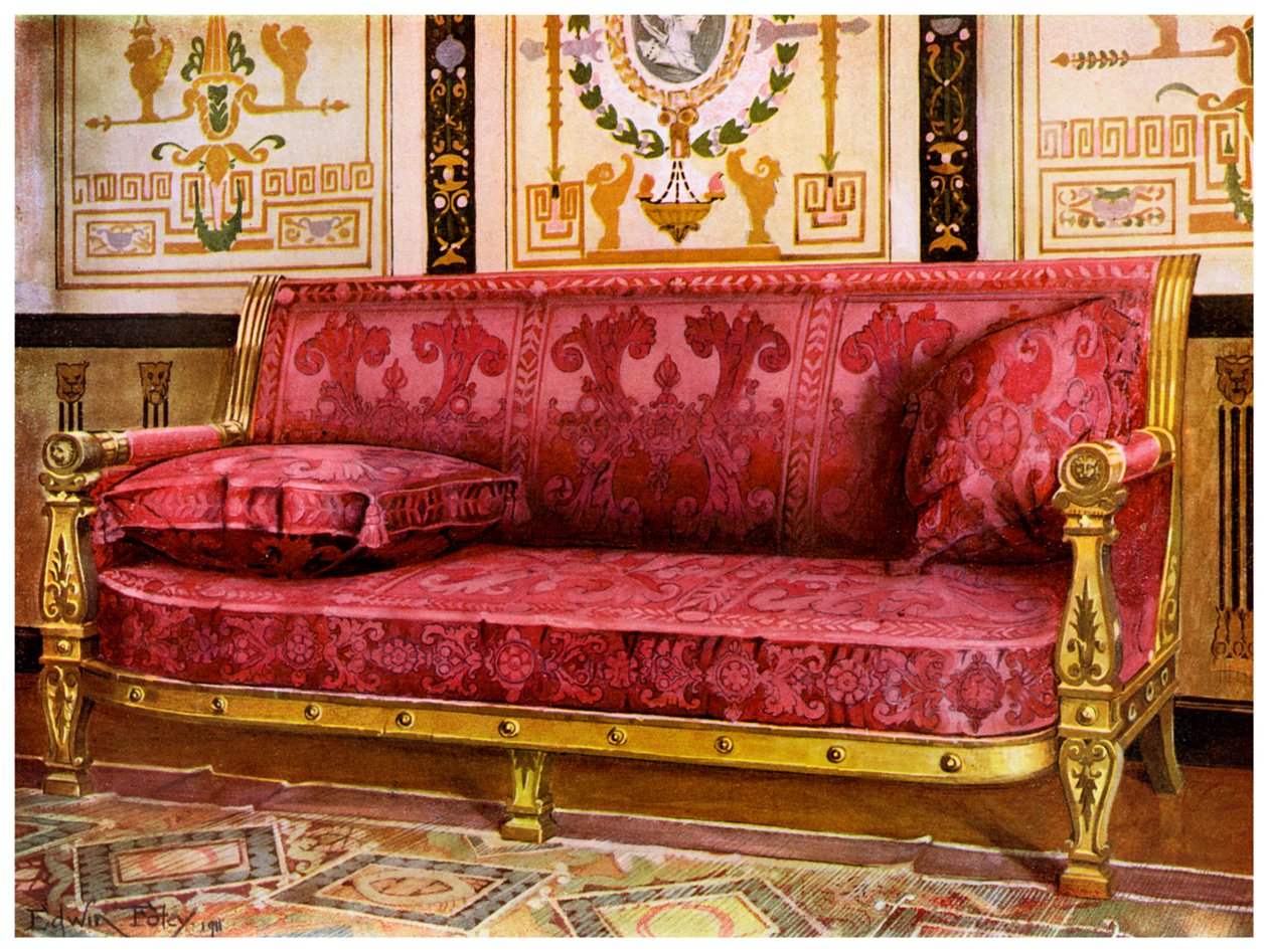 Faragott aranyozott kanapé Brocade de Lyon rózsával, 1911-1912. alkotó: Edwin Foley