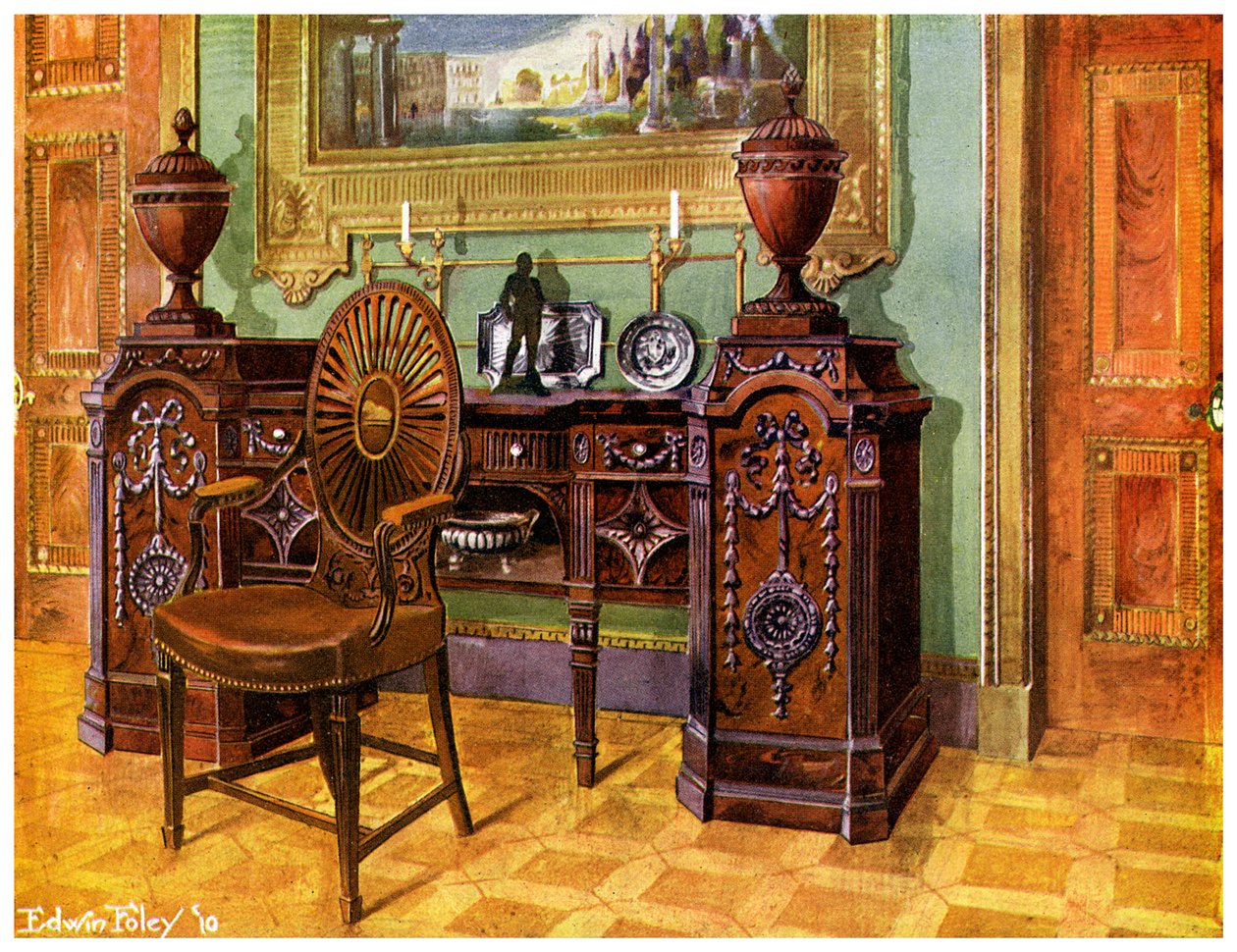 Faragott mahagóni talapzatú kredenc és ovális kerekes hátas mesterszék, 1911-1912. alkotó: Edwin Foley