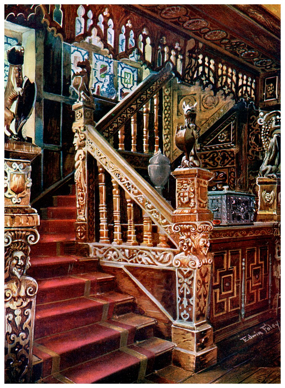 Faragott tölgyfából készült lépcső, Godinton, 1910. alkotó: Edwin Foley