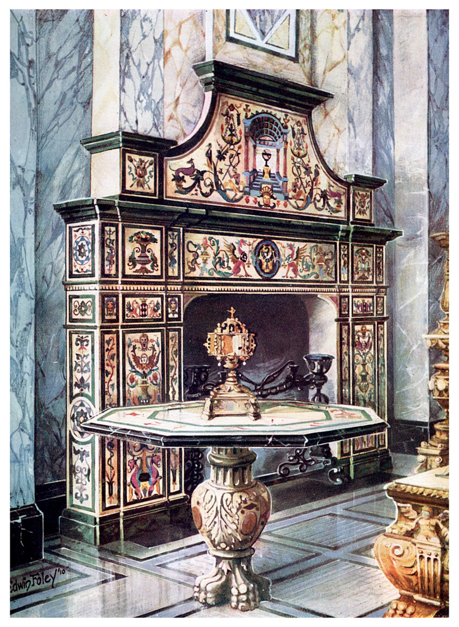 Kéménydarab és asztal színes firenzei mozaikból, 1910 alkotó: Edwin Foley