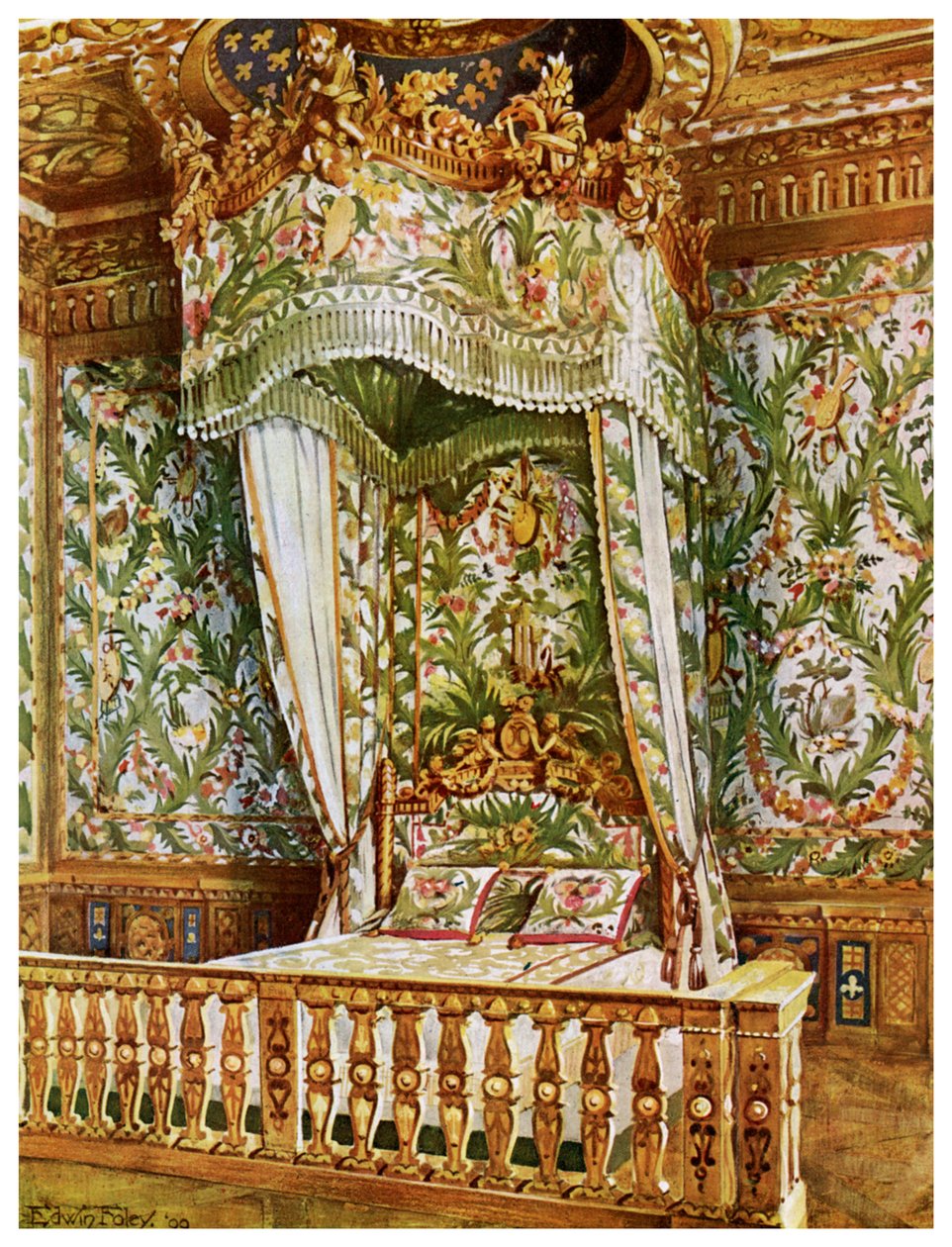 Marie Antoinette aranyozott ágya, Queens Bedroom, Fontainebleau palota, Franciaország, 1911-1912. alkotó: Edwin Foley