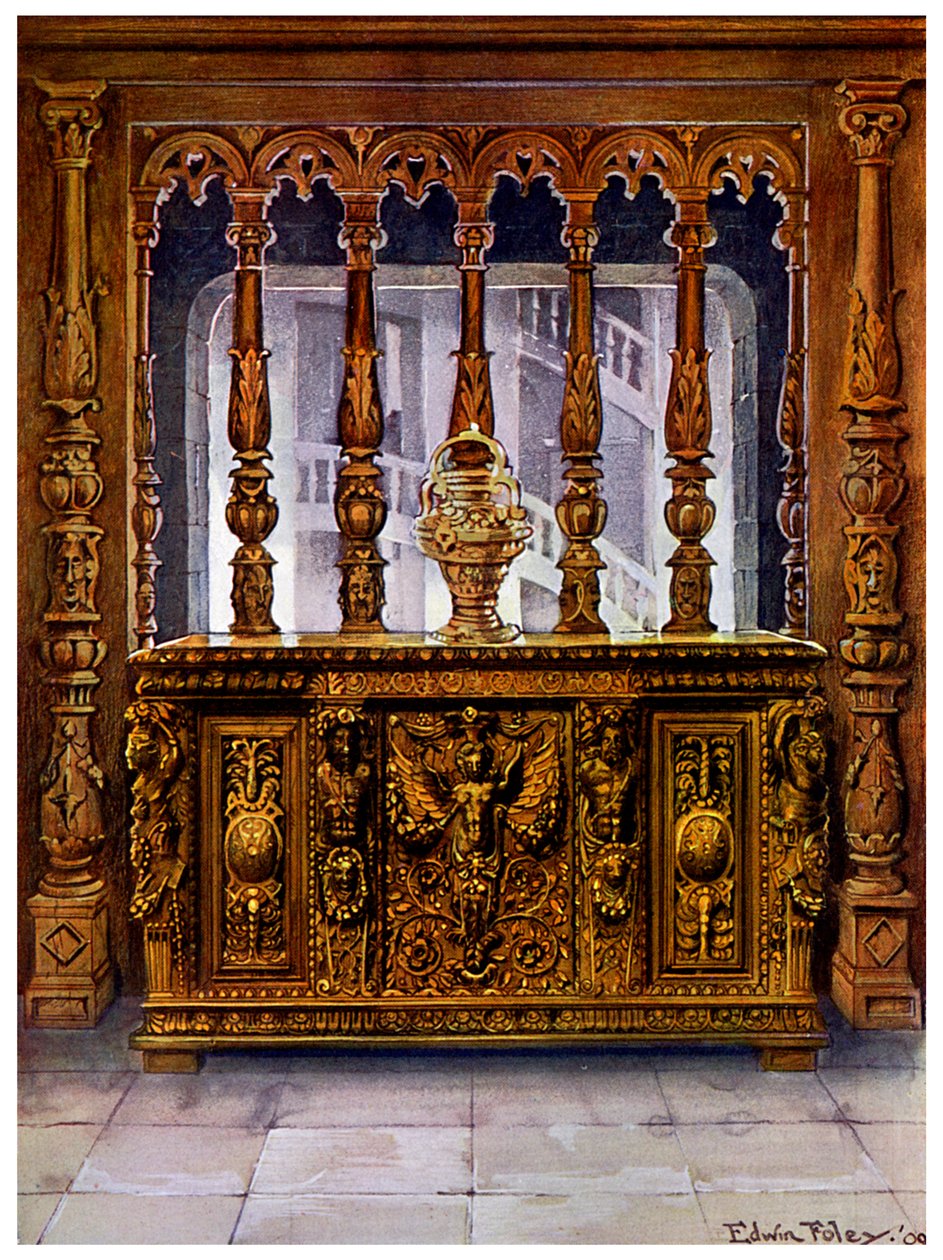 II. Henrik faragott kazettája vagy bahut és tölgyfa képernyő ugyanabból a francia korszakból, 1910. alkotó: Edwin Foley