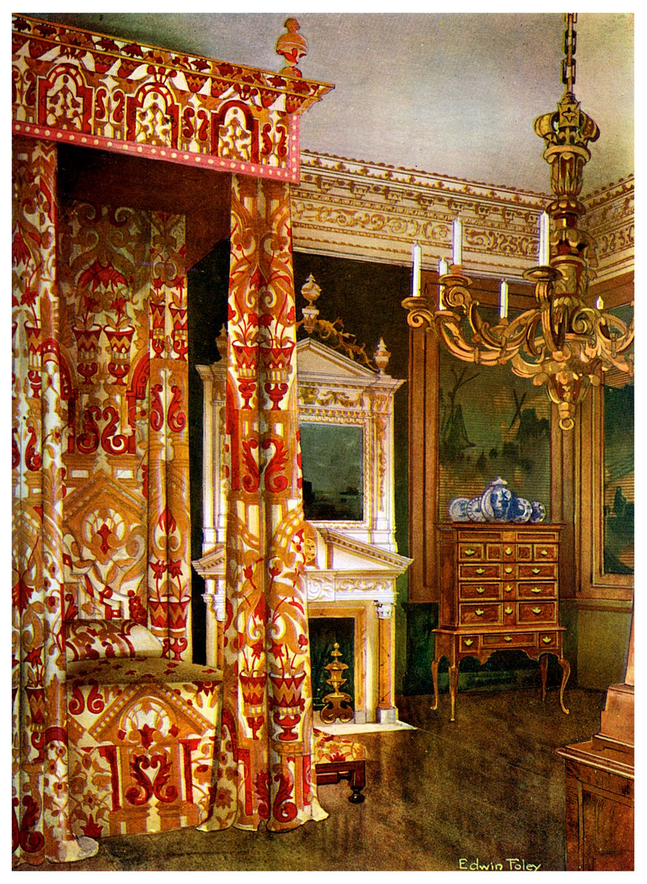 Queen Annes ágy, fiókos szekrény állványon és fa kandeláber, 1910. alkotó: Edwin Foley