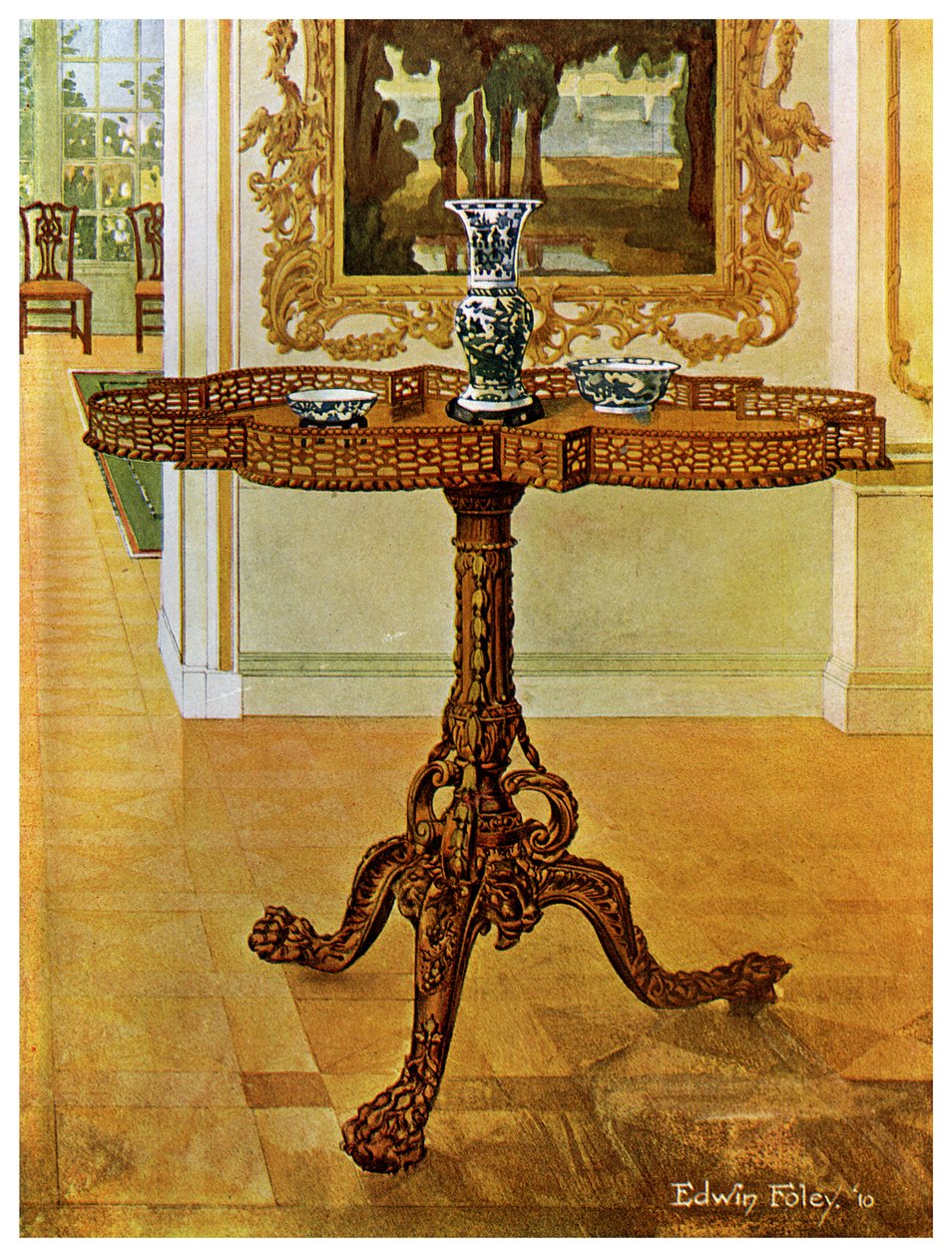 Formázott, szegélyezett galériaasztal, Chippendale Iskola, 1911-1912. alkotó: Edwin Foley