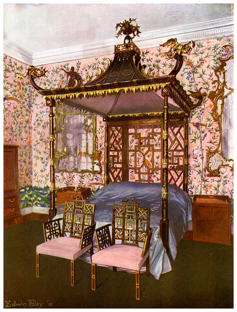 Chippendale kínai hálószoba, Tollaslabda Ház, Gloucestershire, 1911-1912. alkotó: Edwin Foley