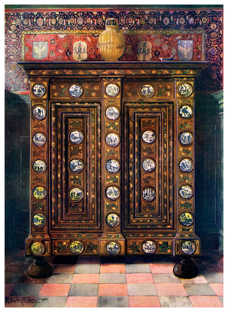 Diófa intarziás és festett delfti éremekkel, 1910. alkotó: Edwin Foley