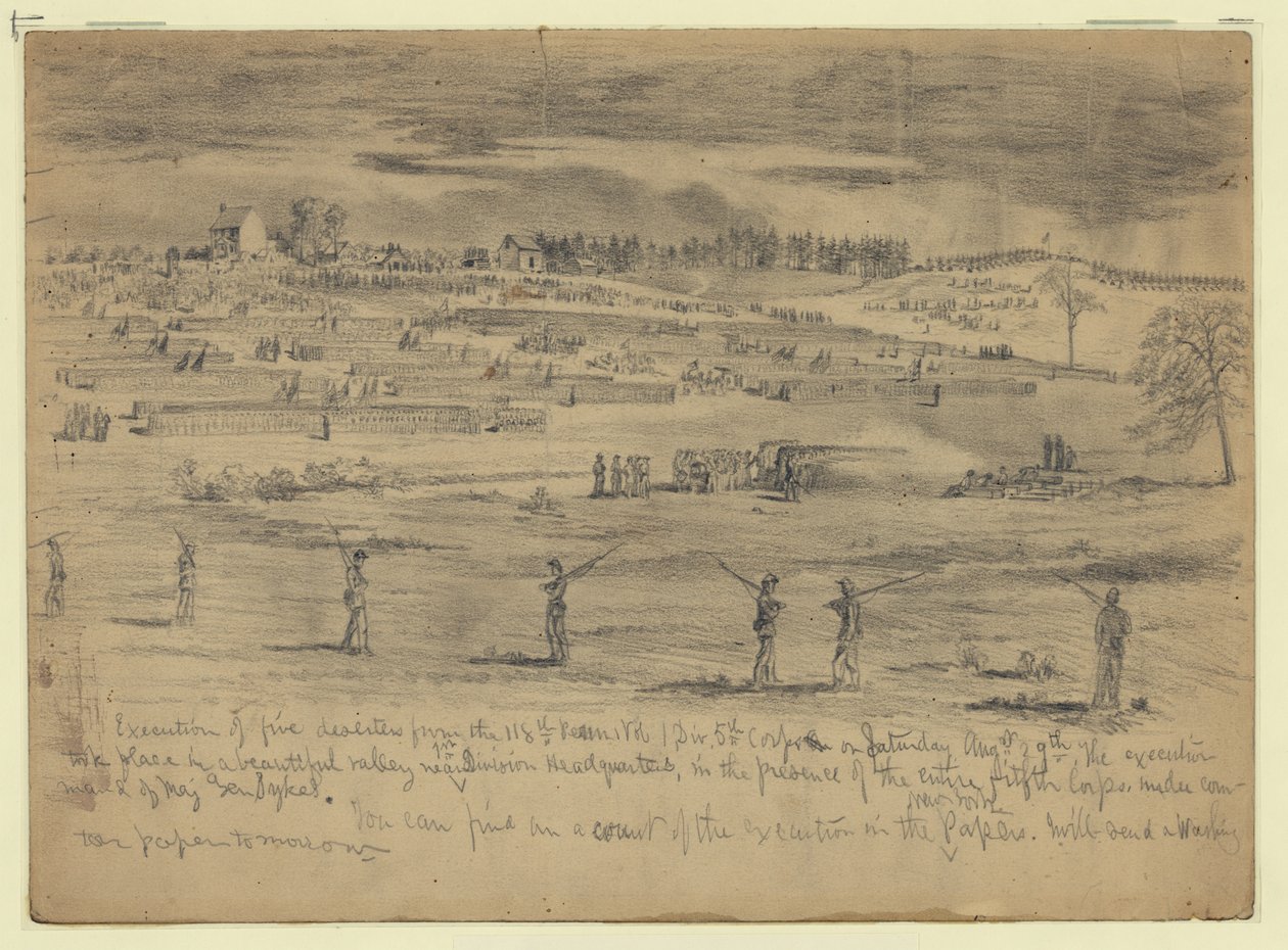 Öt dezertőr kivégzése a 118. Pennsylvania Önkéntes, 1. osztály, 5. hadtestből, az egész 5. hadtest előtt, Beverly Ford, Va. alkotó: Edwin Forbes