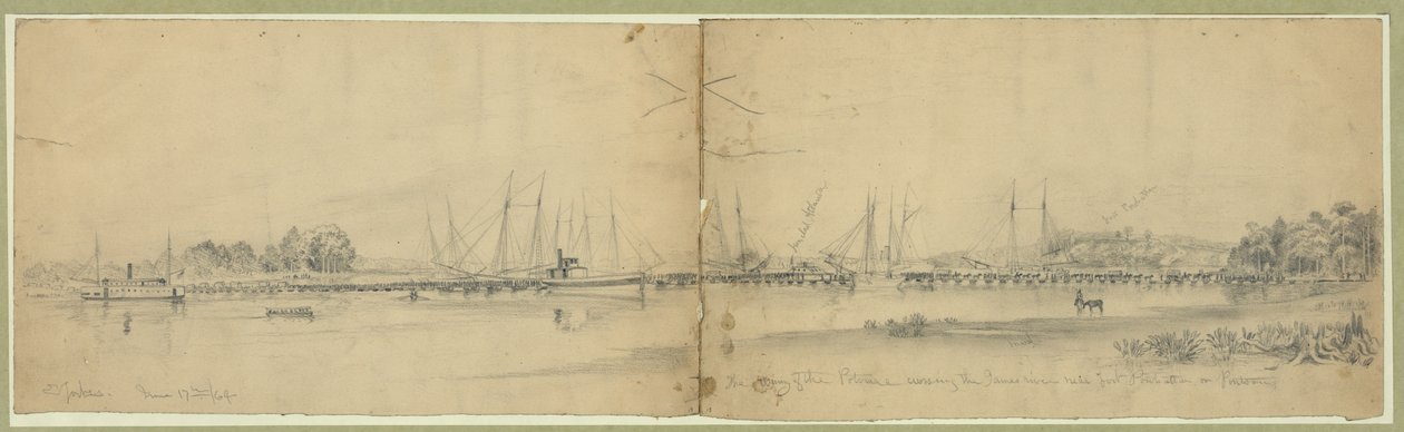 A Potomac hadserege pontonokon átkelve a James folyón Fort Powhattan közelében alkotó: Edwin Forbes