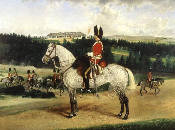 Egy század törzsőrmester, egy üstdobos és egy osztag skót szürkékből álló osztag. alkotó: Edwin Frederick Holt
