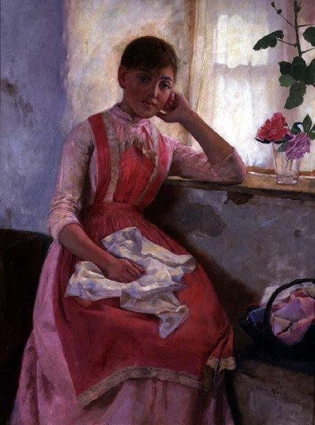Rózsaszín kötényes lány portréja alkotó: Edwin Harris