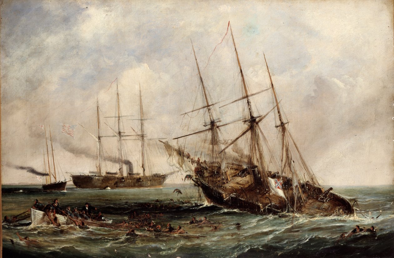 Az Amerikai Egyesült Államok vaskalapos Kearsarge megsemmisítette az Alabama konföderációs gőzhajót, 1864. június 19. alkotó: Edwin Hayes