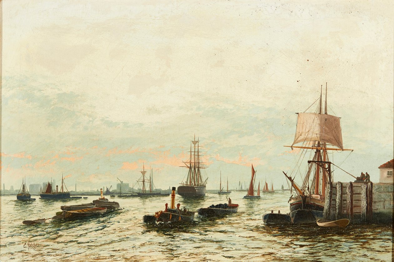 Bárkák a Temzén (olaj, vászon) alkotó: Edwin Henry Eugene Fletcher