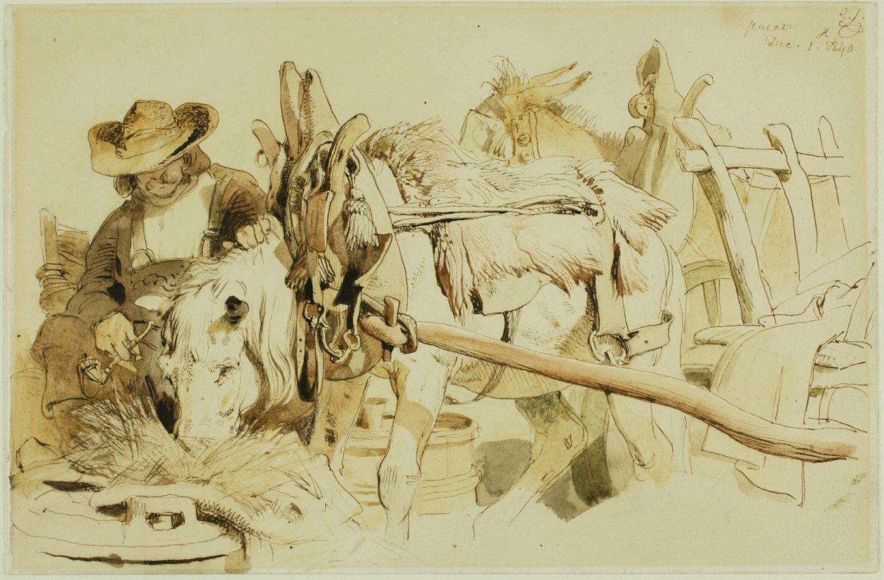 Egy farmer eteti a póniját Genfben (recto); Ülő barát (fordítva) alkotó: Edwin Henry Landseer