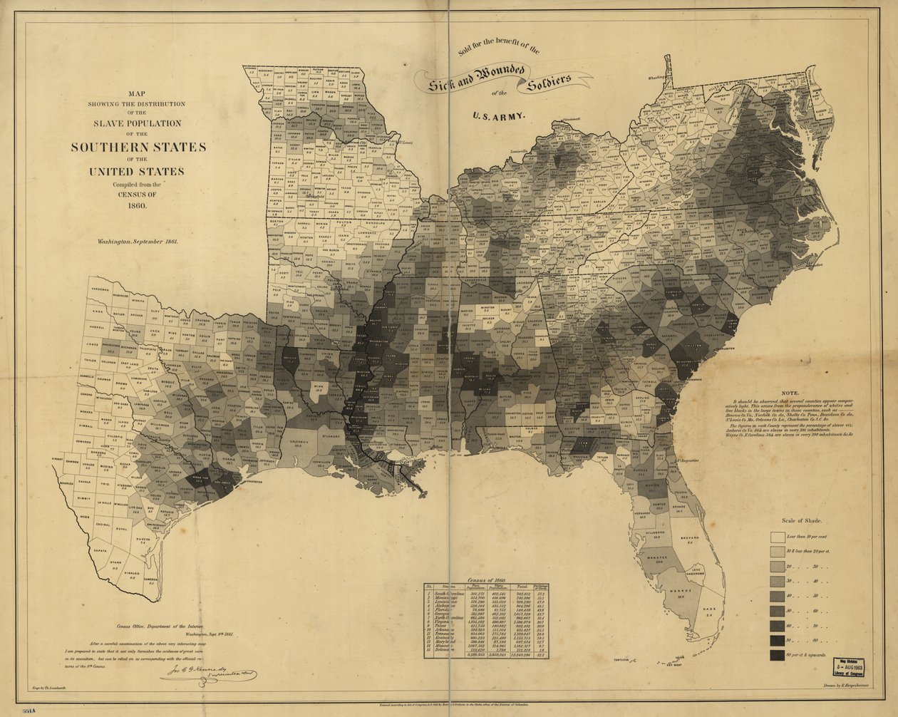 Az 1860-as népszámlálás alapján összeállított térkép az Egyesült Államok déli államai rabszolgapopulációjának megoszlását alkotó: Edwin Hergesheimer